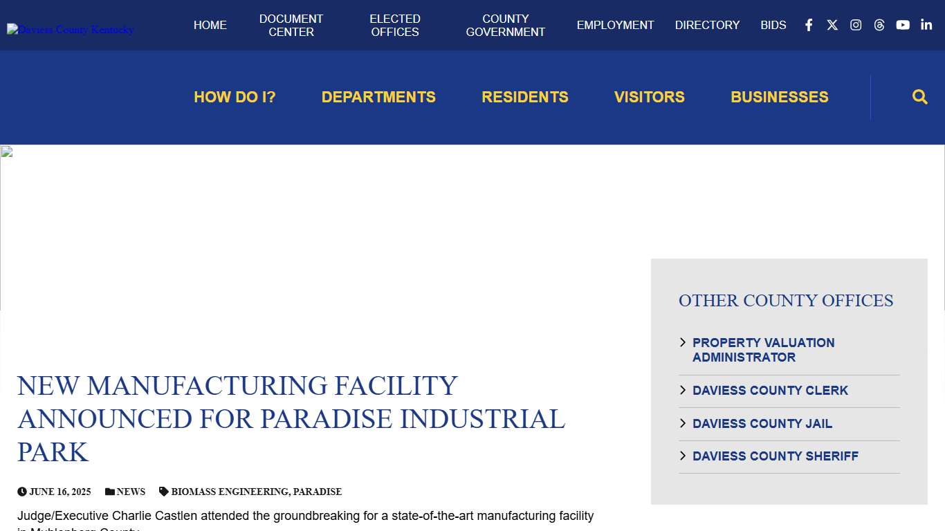 New Manufacturing Facility Announced for Paradise Industrial Park - Daviess County Kentucky