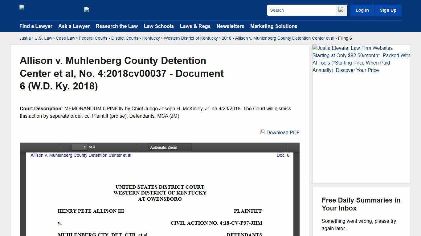 Allison v. Muhlenberg County Detention Center et al, No. 4:2018cv00037 - Document 6 (W.D. Ky. 2018) :: Justia